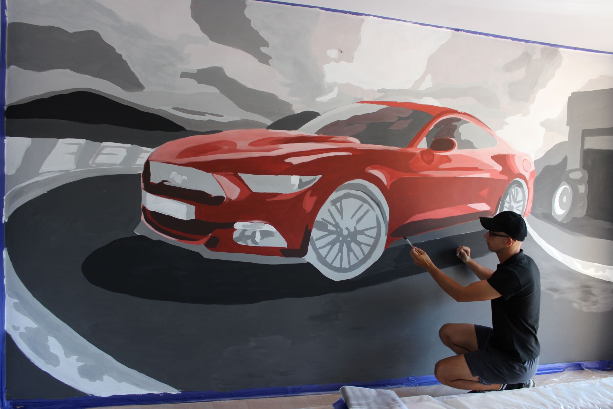 Mural z autem Ford Mustang - detal realizacji